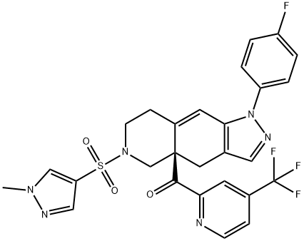 (R)-(1-(4-fluorophenyl)-6-((1-methyl-1H-pyrazol-4-yl)sulfonyl)-1,4,5,6,7,8-hexahydro-4aH-pyrazolo[3,4-g]isoquinolin-4a-yl)(4-(trifluoromethyl)pyridin-2-yl)methanone Struktur