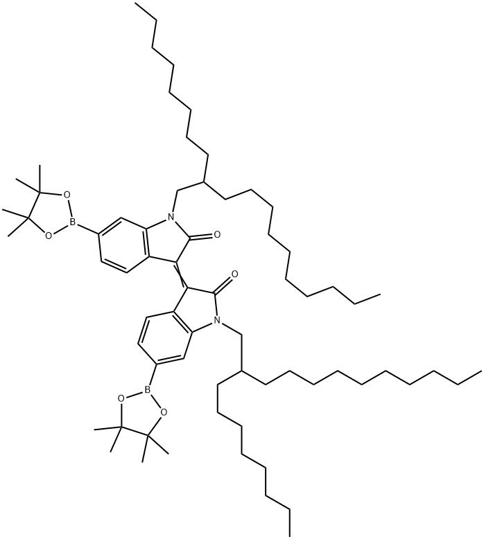 1,1'-Bis-(2-octyl-dodecyl)-6,6'-bis-(4,4,5,5-tetramethyl-[1,3,2]dioxaborolan-2-yl)-1H,1'H-[3,3']biindolylidene-2,2'-dione Struktur