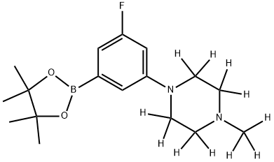 1-(3-fluoro-5-(4,4,5,5-tetramethyl-1,3,2-dioxaborolan-2-yl)phenyl)-4-(methyl-d3)piperazine-2,2,3,3,5,5,6,6-d8 Struktur