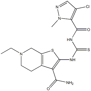 2-[({[(4-chloro-1-methyl-1H-pyrazol-5-yl)carbonyl]amino}carbothioyl)amino]-6-ethyl-4,5,6,7-tetrahydrothieno[2,3-c]pyridine-3-carboxamide Struktur