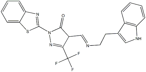 2-(1,3-benzothiazol-2-yl)-4-({[2-(1H-indol-3-yl)ethyl]imino}methyl)-5-(trifluoromethyl)-2,4-dihydro-3H-pyrazol-3-one Struktur