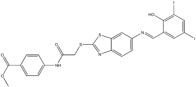 methyl 4-{[({6-[(2-hydroxy-3,5-diiodobenzylidene)amino]-1,3-benzothiazol-2-yl}sulfanyl)acetyl]amino}benzoate Struktur