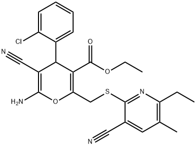 ethyl 6-amino-4-(2-chlorophenyl)-5-cyano-2-{[(3-cyano-6-ethyl-5-methylpyridin-2-yl)sulfanyl]methyl}-4H-pyran-3-carboxylate Struktur