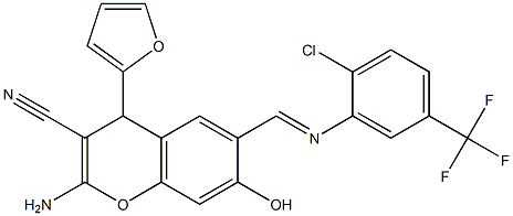 2-amino-6-({[2-chloro-5-(trifluoromethyl)phenyl]imino}methyl)-4-(2-furyl)-7-hydroxy-4H-chromene-3-carbonitrile Struktur