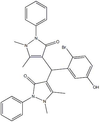 4-[(2-bromo-5-hydroxyphenyl)(1,5-dimethyl-3-oxo-2-phenyl-2,3-dihydro-1H-pyrazol-4-yl)methyl]-1,5-dimethyl-2-phenyl-1,2-dihydro-3H-pyrazol-3-one Struktur