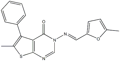 6-methyl-3-{[(5-methyl-2-furyl)methylene]amino}-5-phenylthieno[2,3-d]pyrimidin-4(3H)-one Struktur