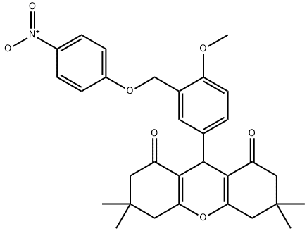 9-[3-({4-nitrophenoxy}methyl)-4-methoxyphenyl]-3,3,6,6-tetramethyl-3,4,5,6,7,9-hexahydro-1H-xanthene-1,8(2H)-dione Struktur