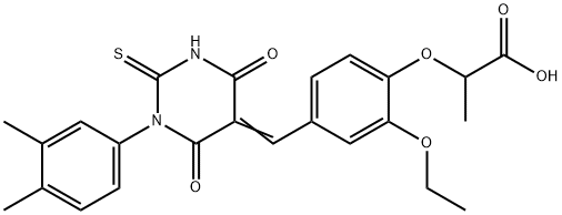 2-{4-[(1-(3,4-dimethylphenyl)-4,6-dioxo-2-thioxotetrahydro-5(2H)-pyrimidinylidene)methyl]-2-ethoxyphenoxy}propanoic acid Struktur