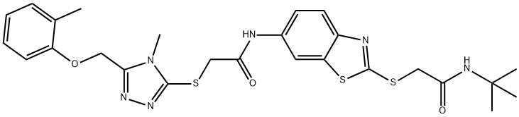 N-(2-{[2-(tert-butylamino)-2-oxoethyl]sulfanyl}-1,3-benzothiazol-6-yl)-2-({4-methyl-5-[(2-methylphenoxy)methyl]-4H-1,2,4-triazol-3-yl}sulfanyl)acetamide Struktur