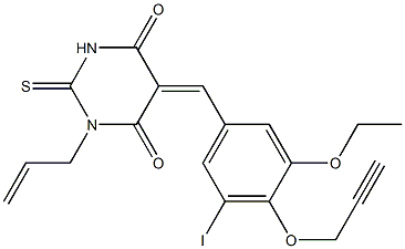 1-allyl-5-[3-ethoxy-5-iodo-4-(prop-2-ynyloxy)benzylidene]-2-thioxodihydropyrimidine-4,6(1H,5H)-dione Struktur