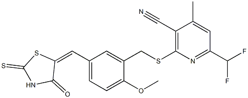 6-(difluoromethyl)-2-({2-methoxy-5-[(4-oxo-2-thioxo-1,3-thiazolidin-5-ylidene)methyl]benzyl}sulfanyl)-4-methylnicotinonitrile Struktur