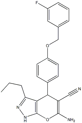 6-amino-4-{4-[(3-fluorobenzyl)oxy]phenyl}-3-propyl-1,4-dihydropyrano[2,3-c]pyrazole-5-carbonitrile Struktur