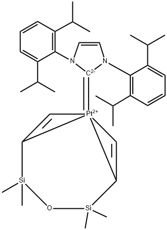 [1,3-bis(2,6-diisopropyl phenyl)imidazol-2-ylidene][1,3-divinyl-1,1,3,3-tetramethyl disiloxane]platinum(0) Struktur