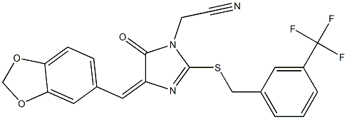 2-(4-[(E)-1,3-benzodioxol-5-ylmethylidene]-5-oxo-2-{[3-(trifluoromethyl)benzyl]sulfanyl}-4,5-dihydro-1H-imidazol-1-yl)acetonitrile Struktur