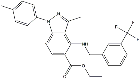 ethyl 3-methyl-1-(4-methylphenyl)-4-{[3-(trifluoromethyl)benzyl]amino}-1H-pyrazolo[3,4-b]pyridine-5-carboxylate Struktur