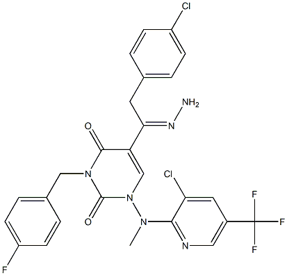 5-[2-(4-chlorophenyl)ethanehydrazonoyl]-1-[[3-chloro-5-(trifluoromethyl)-2-pyridinyl](methyl)amino]-3-(4-fluorobenzyl)-2,4(1H,3H)-pyrimidinedione Struktur