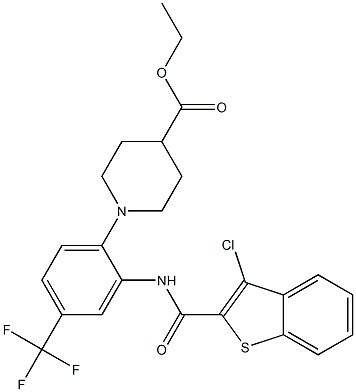 ethyl 1-[2-{[(3-chlorobenzo[b]thiophen-2-yl)carbonyl]amino}-4-(trifluoromethyl)phenyl]piperidine-4-carboxylate Struktur