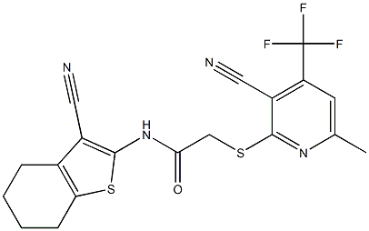 2-{[3-cyano-6-methyl-4-(trifluoromethyl)-2-pyridinyl]sulfanyl}-N-(3-cyano-4,5,6,7-tetrahydro-1-benzothiophen-2-yl)acetamide Struktur