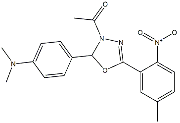 1-[2-[4-(dimethylamino)phenyl]-5-(5-methyl-2-nitrophenyl)-2,3-dihydro-1,3,4-oxadiazol-3-yl]ethan-1-one Struktur