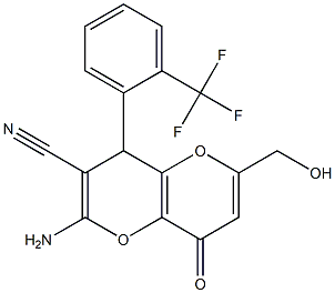 2-amino-6-(hydroxymethyl)-8-oxo-4-[2-(trifluoromethyl)phenyl]-4,8-dihydropyrano[3,2-b]pyran-3-carbonitrile Struktur