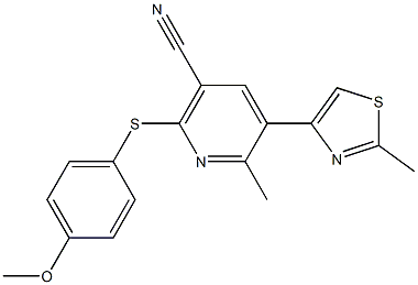 2-[(4-methoxyphenyl)thio]-6-methyl-5-(2-methyl-1,3-thiazol-4-yl)nicotinonitrile Struktur