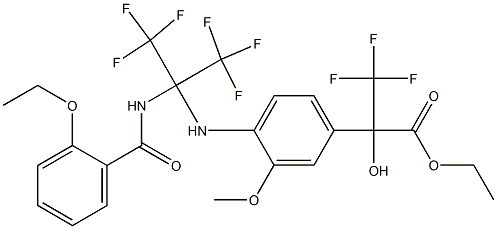 ethyl 2-(4-{[1-[(2-ethoxybenzoyl)amino]-2,2,2-trifluoro-1-(trifluoromethyl)ethyl]amino}-3-methoxyphenyl)-3,3,3-trifluoro-2-hydroxypropanoate Struktur