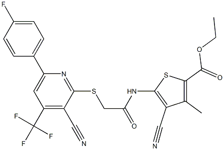 ethyl 4-cyano-5-[(2-{[3-cyano-6-(4-fluorophenyl)-4-(trifluoromethyl)-2-pyridinyl]sulfanyl}acetyl)amino]-3-methyl-2-thiophenecarboxylate Struktur