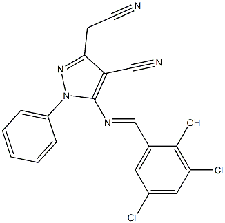 3-(cyanomethyl)-5-[(3,5-dichloro-2-hydroxybenzylidene)amino]-1-phenyl-1H-pyrazole-4-carbonitrile Struktur