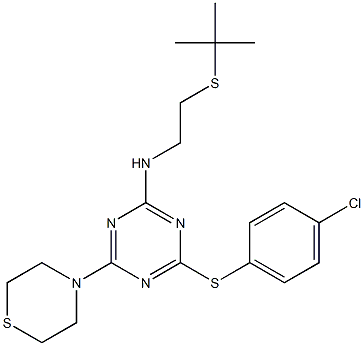 N2-[2-(tert-butylthio)ethyl]-4-[(4-chlorophenyl)thio]-6-(1,4-thiazinan-4-yl)-1,3,5-triazin-2-amine Struktur