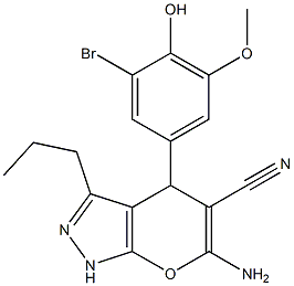 6-amino-4-(3-bromo-4-hydroxy-5-methoxyphenyl)-3-propyl-1,4-dihydropyrano[2,3-c]pyrazole-5-carbonitrile Struktur