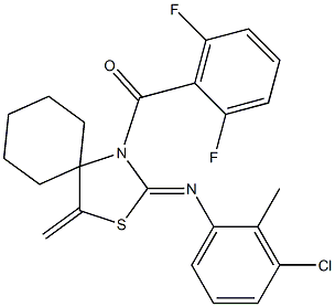 {2-[(3-chloro-2-methylphenyl)imino]-4-methylidene-3-thia-1-azaspiro[4.5]dec-1-yl}(2,6-difluorophenyl)methanone Struktur