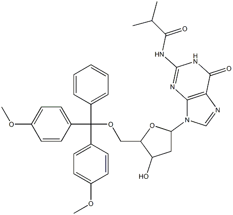 N-[9-(5-{[bis(4-methoxyphenyl)(phenyl)methoxy]methyl}-4-hydroxytetrahydrofuran-2-yl)-6-oxo-6,9-dihydro-1H-purin-2-yl]-2-methylpropanamide Struktur