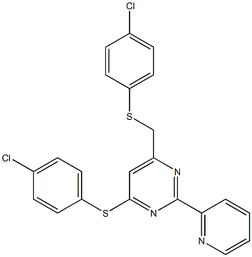 4-chlorophenyl 6-{[(4-chlorophenyl)sulfanyl]methyl}-2-(2-pyridinyl)-4-pyrimidinyl sulfide Struktur