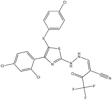 (Z)-3-{2-[5-[(4-chlorophenyl)sulfanyl]-4-(2,4-dichlorophenyl)-1,3-thiazol-2-yl]hydrazino}-2-(2,2,2-trifluoroacetyl)-2-propenenitrile Struktur