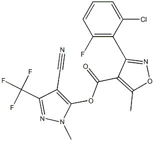 4-cyano-1-methyl-3-(trifluoromethyl)-1H-pyrazol-5-yl 3-(2-chloro-6-fluorophenyl)-5-methyl-4-isoxazolecarboxylate Struktur