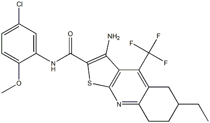 3-amino-N-(5-chloro-2-methoxyphenyl)-6-ethyl-4-(trifluoromethyl)-5,6,7,8-tetrahydrothieno[2,3-b]quinoline-2-carboxamide Struktur