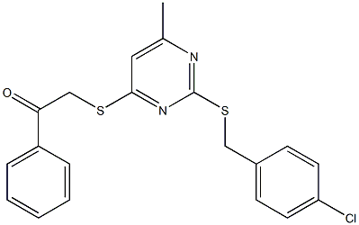 2-({2-[(4-chlorobenzyl)sulfanyl]-6-methyl-4-pyrimidinyl}sulfanyl)-1-phenylethanone Struktur