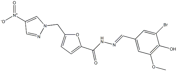 N'-(3-bromo-4-hydroxy-5-methoxybenzylidene)-5-({4-nitro-1H-pyrazol-1-yl}methyl)-2-furohydrazide Struktur