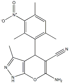 6-amino-4-{3-nitro-2,4,6-trimethylphenyl}-3-methyl-1,4-dihydropyrano[2,3-c]pyrazole-5-carbonitrile Struktur