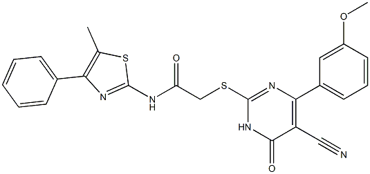 2-{[5-cyano-4-(3-methoxyphenyl)-6-oxo-1,6-dihydro-2-pyrimidinyl]sulfanyl}-N-(5-methyl-4-phenyl-1,3-thiazol-2-yl)acetamide Struktur