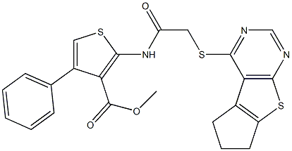 methyl 2-{[(6,7-dihydro-5H-cyclopenta[4,5]thieno[2,3-d]pyrimidin-4-ylsulfanyl)acetyl]amino}-4-phenylthiophene-3-carboxylate Struktur