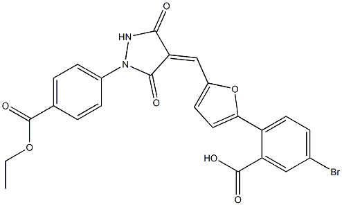 5-bromo-2-[5-({1-[4-(ethoxycarbonyl)phenyl]-3,5-dioxo-4-pyrazolidinylidene}methyl)-2-furyl]benzoic acid Struktur