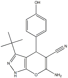 6-amino-3-(tert-butyl)-4-(4-hydroxyphenyl)-1,4-dihydropyrano[2,3-c]pyrazole-5-carbonitrile Struktur