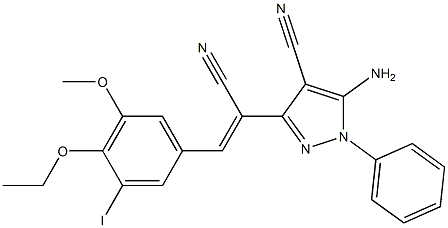 5-amino-3-[1-cyano-2-(4-ethoxy-3-iodo-5-methoxyphenyl)vinyl]-1-phenyl-1H-pyrazole-4-carbonitrile Struktur