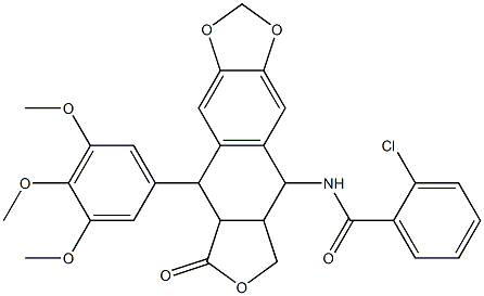 2-chloro-N-[8-oxo-9-(3,4,5-trimethoxyphenyl)-5,5a,6,8,8a,9-hexahydrofuro[3',4':6,7]naphtho[2,3-d][1,3]dioxol-5-yl]benzamide Struktur