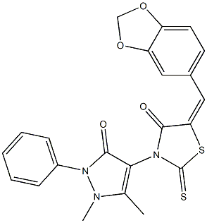 5-(1,3-benzodioxol-5-ylmethylene)-3-(1,5-dimethyl-3-oxo-2-phenyl-2,3-dihydro-1H-pyrazol-4-yl)-2-thioxo-1,3-thiazolidin-4-one Struktur