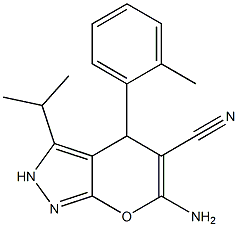 6-amino-3-isopropyl-4-(2-methylphenyl)-2,4-dihydropyrano[2,3-c]pyrazole-5-carbonitrile Struktur