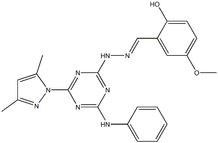 2-hydroxy-5-methoxybenzaldehyde [4-anilino-6-(3,5-dimethyl-1H-pyrazol-1-yl)-1,3,5-triazin-2-yl]hydrazone Struktur