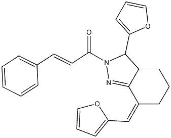 2-cinnamoyl-3-(2-furyl)-7-(2-furylmethylene)-3,3a,4,5,6,7-hexahydro-2H-indazole Struktur