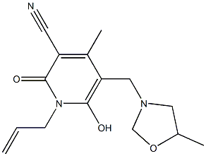 1-allyl-6-hydroxy-4-methyl-5-[(5-methyl-1,3-oxazolidin-3-yl)methyl]-2-oxo-1,2-dihydropyridine-3-carbonitrile Struktur